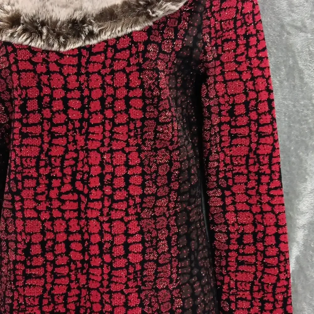 Carmen Marc Valvo Sweater w/ Faux Fur Collar Red‎ & Black Women's Size Small